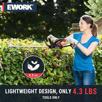 EWORK 20V 22-Inch Electric Hedge Trimmer Cordless 5/8" Cutting Capacity, Lightweight 4.3 Lbs, Battery Powered Bush Trimmer, Handheld Shrub Trimmers with Battery and Charger for Garden, Yard