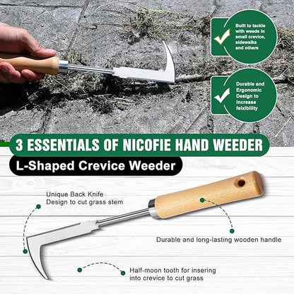 Weed Remover Tool 2-Piece with Wood Handle, Weeding Garden Tools for Gardening with Serrated Edge, Weed Puller for Removing Moss and Weeds, Weeding Tools for Dandelion