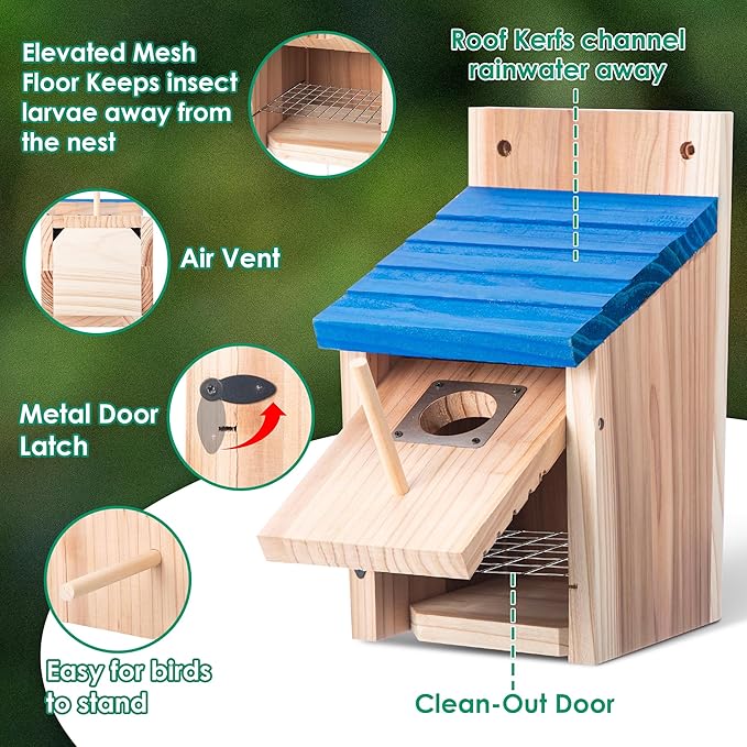 Dreyoo 3 Pack Cedar Bluebird Box Houses for Outside, 1-1/2'' Entrance Hole Wooden Bird Houses with Metal Guard, Secure Latch, Fledgling Grooves, Air Vents for Bluebird Wren Swallow