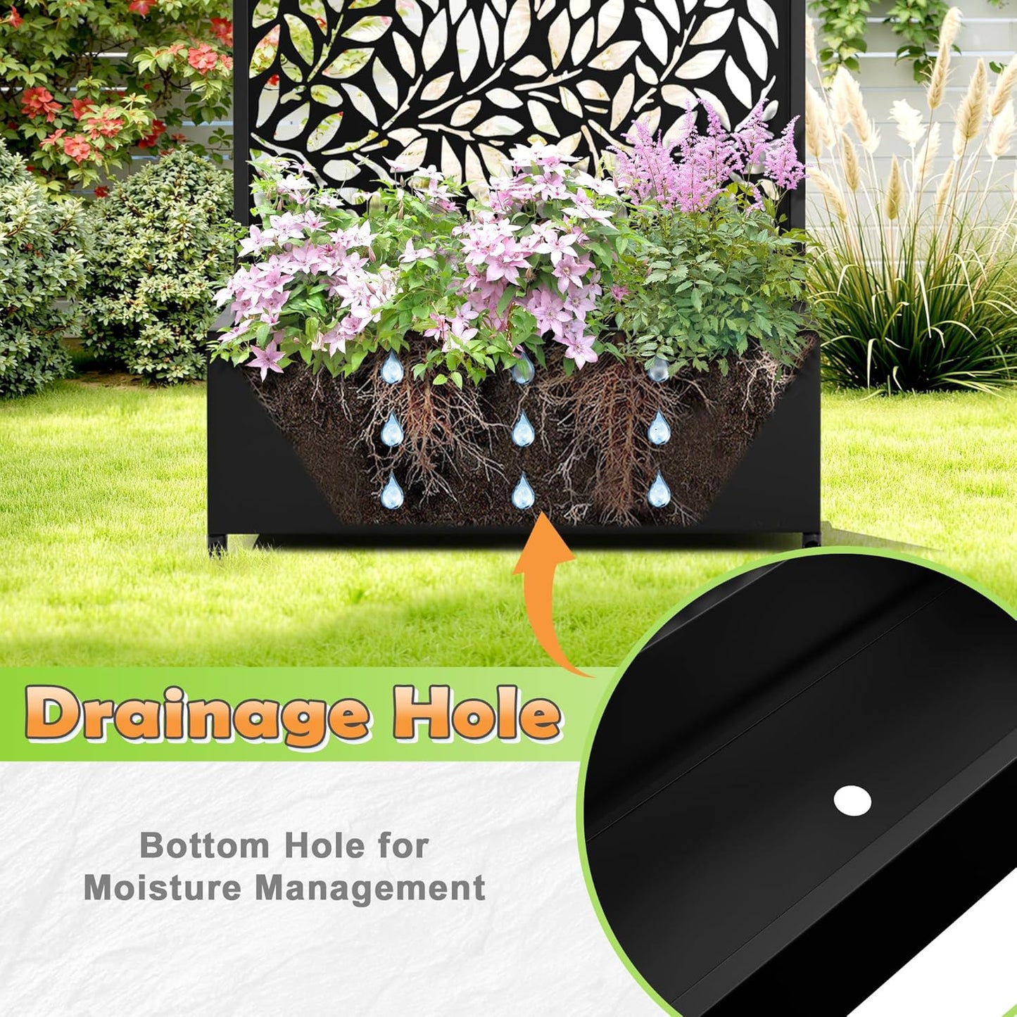 Metal Raised Garden Bed with Trellis, 2 in 1 Trellis with Planter Box & Privacy Screen for Climbing Plants, Vine, Outdoor Standing Flower Beds with Drainage Holes, 35.4"L x 15.7"W x 70.10"H,(Black)