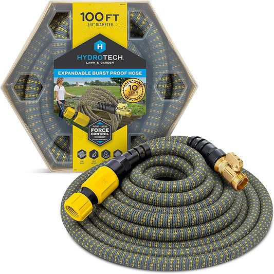 HydroTech 100 ft Expandable Garden Hose with Patented Force Control Technology - 5/8" No-Kink Flexibility, Lightweight Hose for Lawn, Garden, Car Washing, Deck and Patio Cleaning