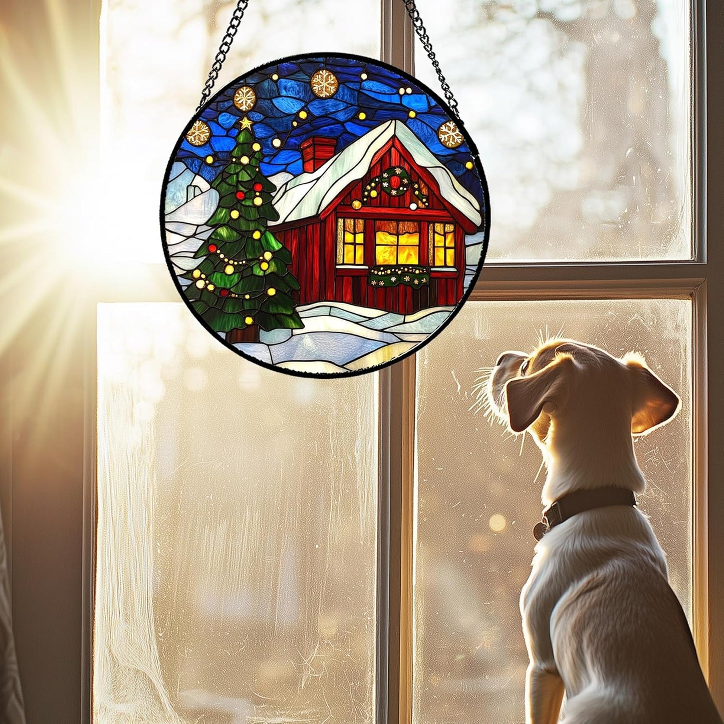 Stained Glass Window Hanging Blue Night Sky Snowflakes Christmas Tree Large 11.8" - Suncatcher Door Garden Sun Catcher Xmas Holiday Decor Birthday for Mom Men Woman Nana