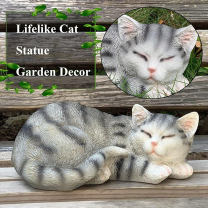 Sleeping Cat Statue Garden Decor, Outdoor Cat Sculpture & Figurine Lawn Ornament, Grey Tabby Statue for Patio, Lawn, Yard Decorative, Cute Kitten Memorial Grave Accessory