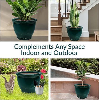 Sunnydaze Large Ceramic Plant Pot - Round Outdoor Glazed Ceramic Planter Pot with Drainage - Studio - Dark Green - 18.5"
