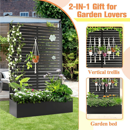 Metal Planter Box with Trellis Raised Garden Bed with Trellis 71"x47"x16", Trellis with Planter Box & Privacy Screen, Metal Planter Box for Climbing Plants, Vegetable, Vines(Black, Louvered)
