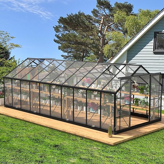 Greenhouses for Outdoors, 8x20 FT Polycarbonate Greenhouses with 4 Adjustable Roof Vents, Walk-in Aluminum Frame Green Houses for Outside with Sliding Doors, Windproof, Graden(8x20FT)