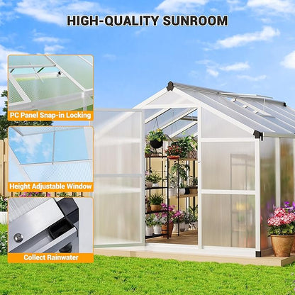 8x12 FT Polycarbonate Greenhouse with Roof Vent - Large Aluminum Walk-in Greenhouse Kit for Gardening, Backyard, Patio, Lawn - Easy Assembly