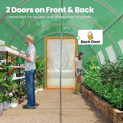 KING BIRD Premium 25x10x6.6FT Greenhouse for Outdoors, Large Walk-in Upgraded Galvanized Metal Frame, Mesh Door Screen Window Improved Zipper Tunnel Hoop for Garden Plant Winter, 2 Stiffeners, Green