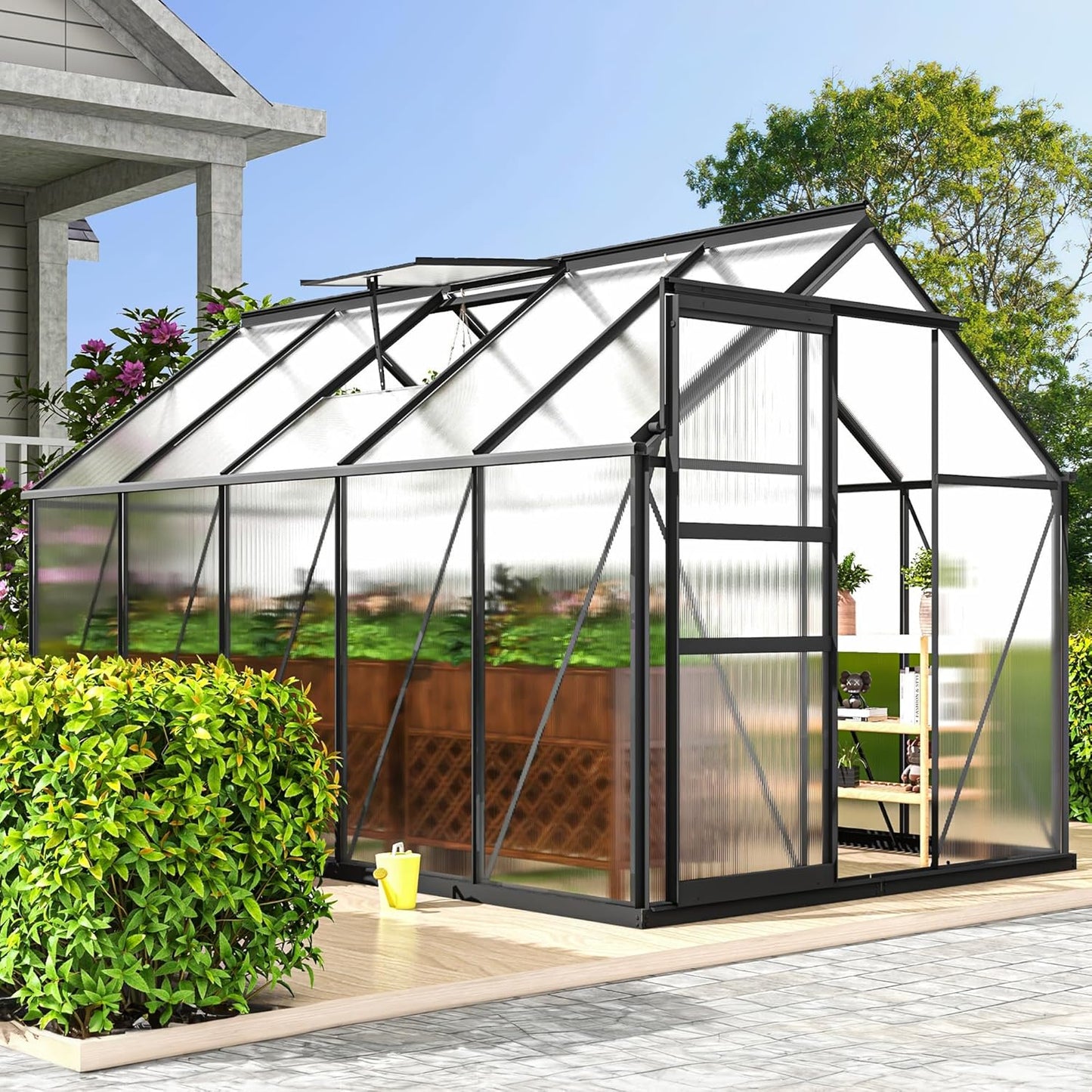 DWVO 6x10FT Polycarbonate Greenhouse Heavy Duty Green Houses Outdoor Aluminum Greenhouses with Sliding Doors Vent Window Walk-in Greenhouse Large Sun House for Garden Backyard, Black