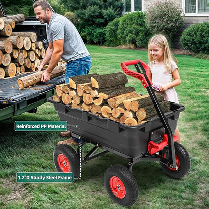 1200lbs Garden Dump Cart,7 Cu.Ft Utility Wagon Cart with Hitch,Heavy Duty Yard Dump Wagon Wheelbarrows with 13" All Terrain Wheels & 2-in-1 Handle,Tow Behind for Lawn Mower Tractor ATV