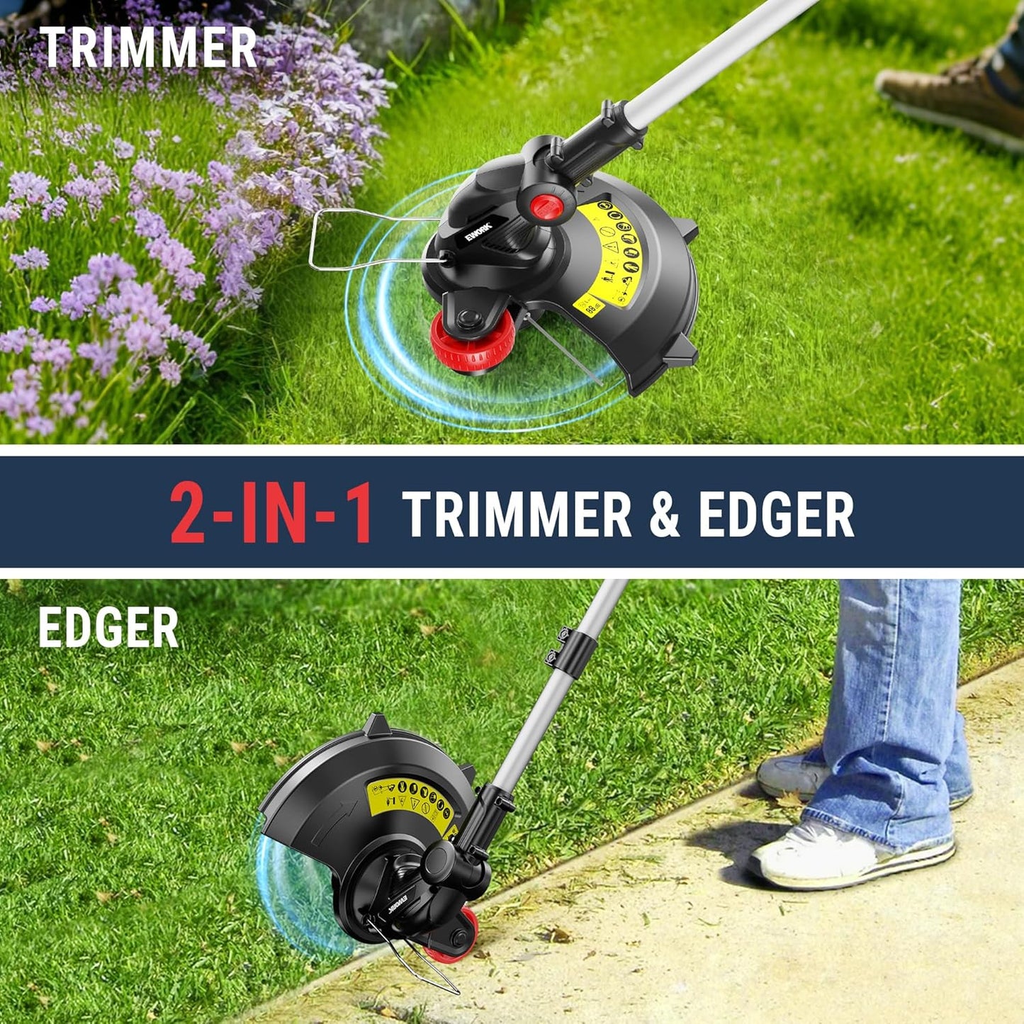 EWORK 20V Cordless String Trimmer 12-Inch Trimmer and Edger with Auto Line Feed, Electric Weed Wacker with 2.0Ah Battery and Charger & 6 Replacement Spools for Lawn, Garden, Yard, etc