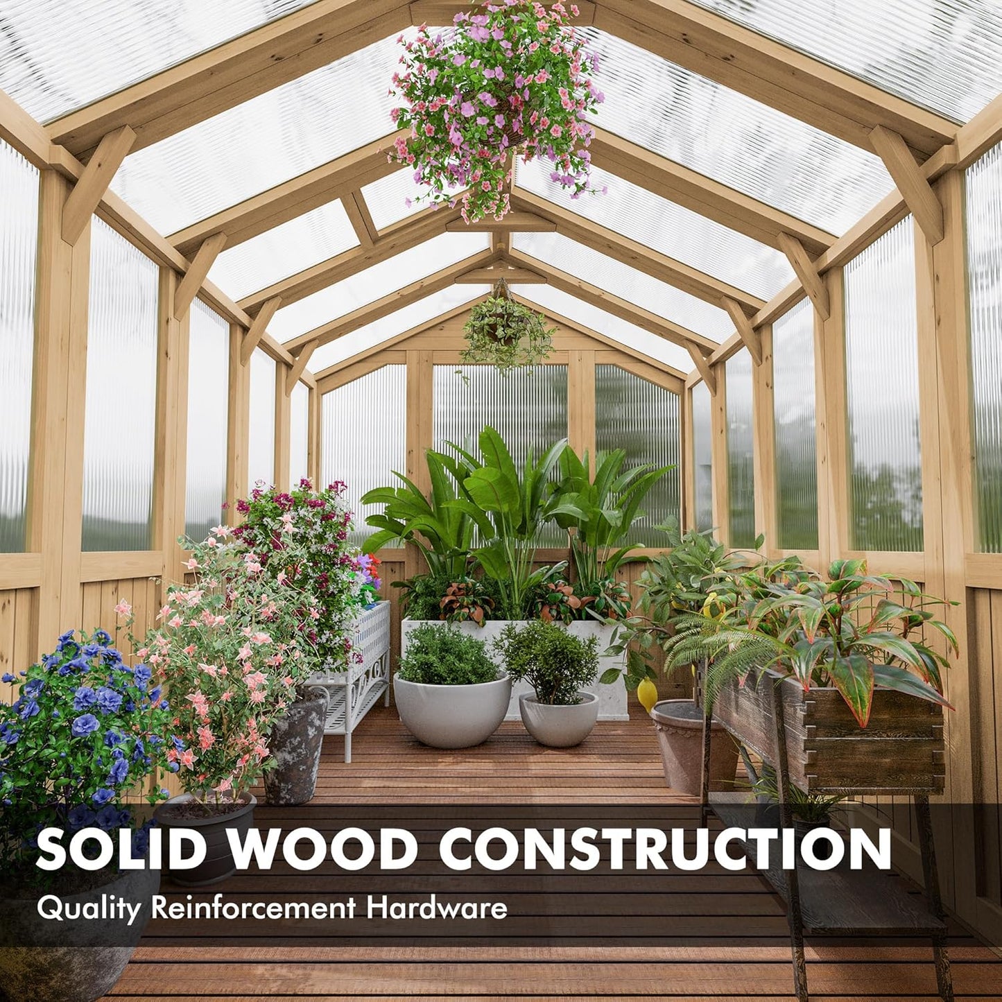 Restland 6x8 FT Wood Greenhouse for Outdoors Reinforced Frame Walk-in Greenhouses with Adjustable Roof Vents & Lockable Door Polycarbonate Green House for Outside