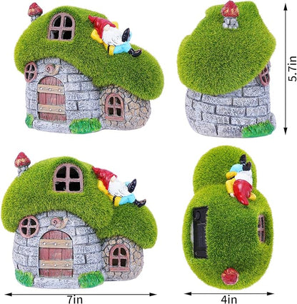ILLUMINEW House Garden Statues with Solar Lights, LED Cute Flocked Fairy House with Gnomes Garden Figurine, Outdoor Patio Yard Lawn Decorations Gift