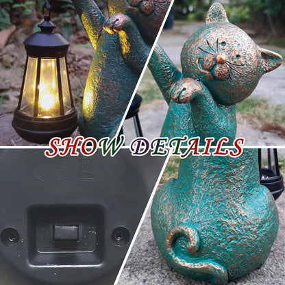 Cat Garden Statue Outdoor Décor with Solar Lights Lantern,Cat Solar Light Figurines Outside Decorations for Yard，Lawn Patio, Balcony, Unique Housewarming Gifts