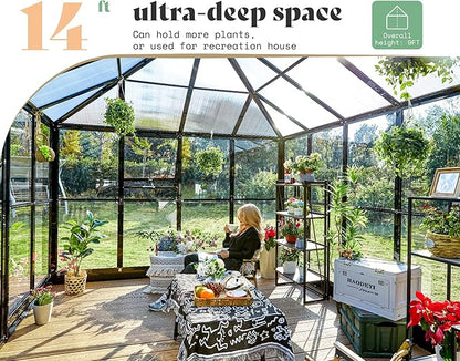 AMERLIFE 14x9.5x9 FT Hybrid Polycarbonate Greenhouse Quick Connector Fast Assembly, Swing 2 Doors Clear Panels, Walk-in Large Aluminum Greenhouse for Outdoors, Black