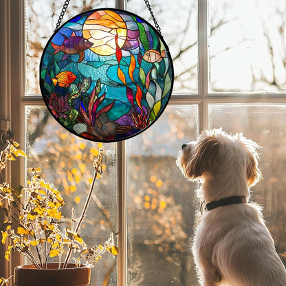 Stained Glass Window Hanging - Blue Ocean World Small Fish Coral Sun Catcher for Door Garden Home Decor Sea Suncatcher Christmas Mother's Day Birthday Gifts for Women Men Mom Nana 15 in