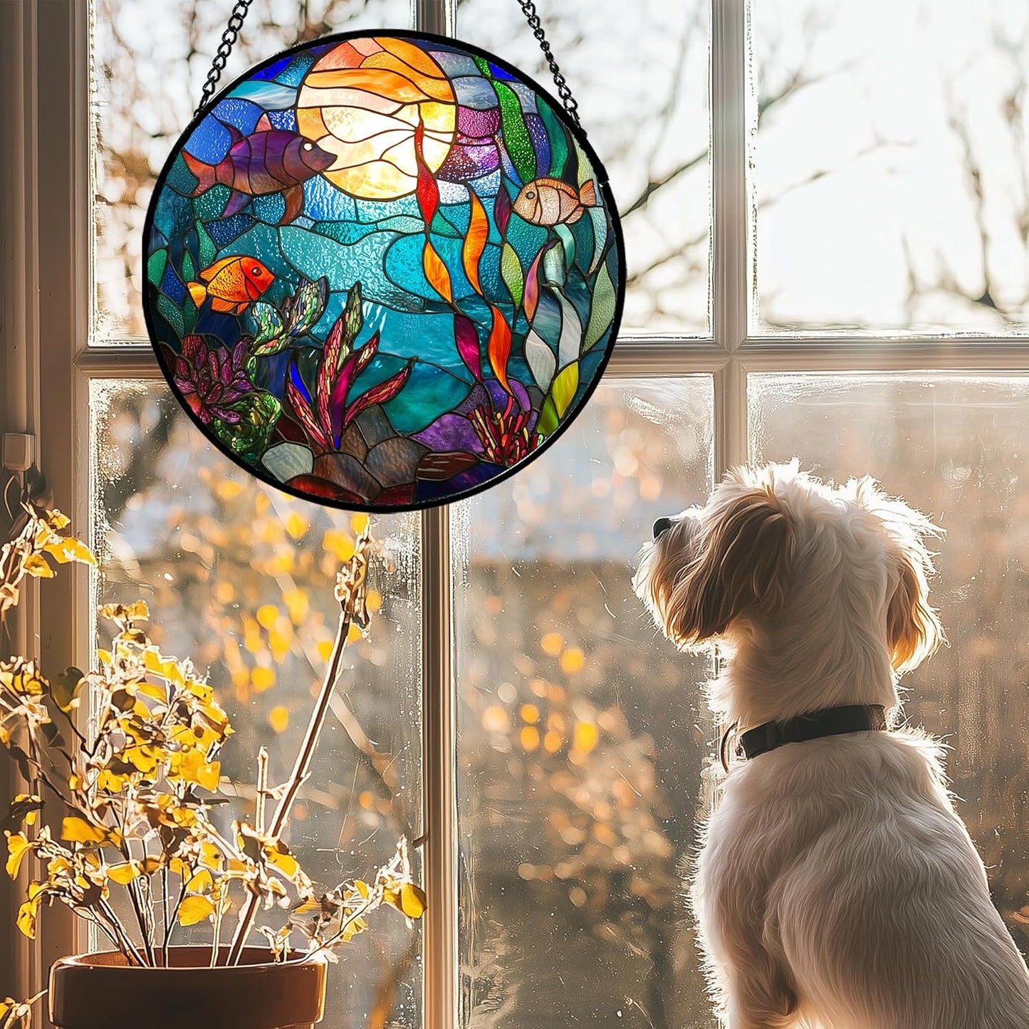 Stained Glass Window Hanging - Blue Ocean World Small Fish Coral Sun Catcher for Door Garden Home Decor Sea Suncatcher Christmas Mother's Day Birthday Gifts for Women Men Mom Nana 7.8 in