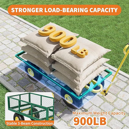 Metal Wagon - 900lbs Garden Cart with 10" Multi-Terrain Tires, 4 Removable Mesh Sides & 180° Swivel Handle, Yard Wagon Cart for Lawn, Yard, Patio Gardening