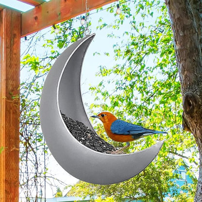 Hanging Moon Bird Feeder – Unique Metal Bird Feeders for Outdoors, Silver Rust-Resistant, Drain Holes – Wild Bird Feeder for Bluebirds, Cardinals, Finches, and Backyard Birdwatching