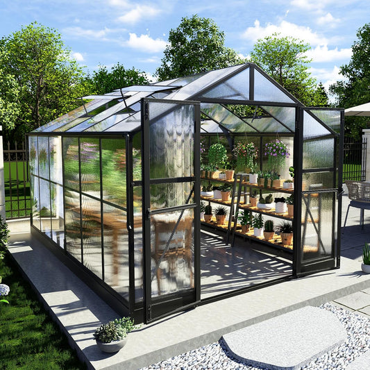 AMERLIFE 8x12x7FT Polycarbonate Greenhouse, Walk in Greenhouse with Quick-Connect System, Green House with 4 Vent Windows and Swing Lockable Door, Greenhouses for Outdoors, Sunroom Black