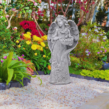 Hanna Roberts Outdoor Statues Angel Décor Garden Statue- 23.5" H Angel Statue,Resin Angel with Bird Figurine, Ideal for Yard, Patio, Deck, Home Entryway, and Hallway（Grey）