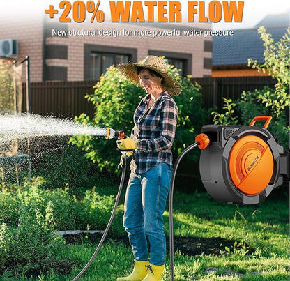 5/8" x 75 ft Retractable Hose Reel, Heavy Duty Retractable Garden Hose Reel Wall Mounted with 10-Pattern Hose Nozzle/Any Length Lock/Slow Return System/180°Swivel Bracket,Orange