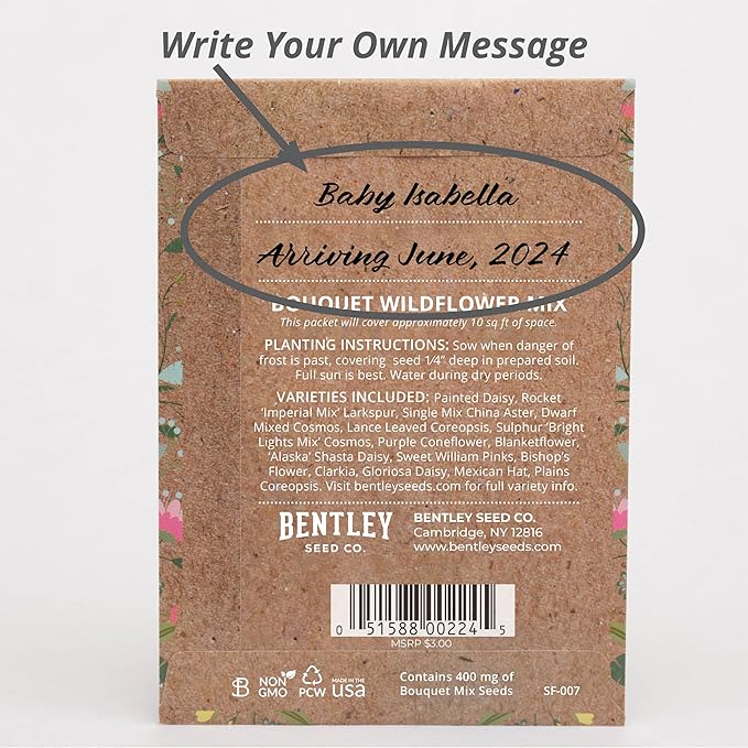 BENTLEY SEED CO. Oh Baby Flower Seeds Packets - Girl/Boy Baby Shower Favors - Pre-Filled, 25 Wildflower Seed Packs for Favor - Eco-Friendly Gift & Babys Guest Giveaways - Non-GMO Seeds - Brown