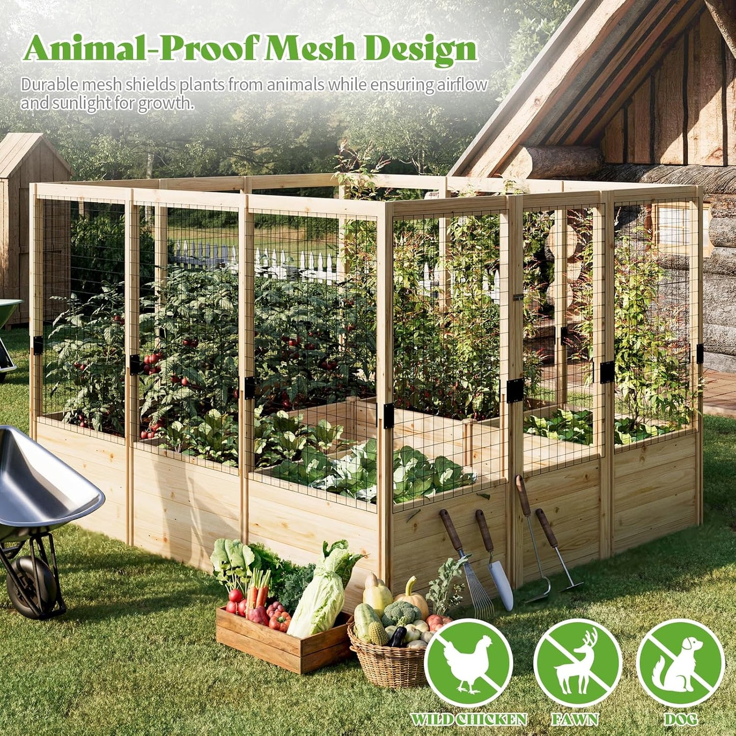 PaPaJet Wooden Raised Garden Bed for Outdoor, 1.6FT Depth Large Planter Box with Netting for Gardening, Vegetables, Flowers, Herbs（7.5× 8.9× 5.9FT）