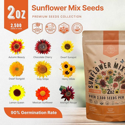 Sunflower Mix Seeds Pack 2 oz - Over 2,500 Non-GMO Heirloom Sunflower Seeds for Planting, Annual Flowers in Individual Seed Packet for Planting Home Garden Indoor & Outdoor Gardening