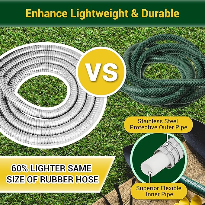 Garden Hose - Water Hose 25 FT with Swivel Handle & 8 Function Nozzle, Flexible, Heavy Duty, No Kink, Lightweight Metal Hose for Outdoor, Yard, 304 Stainless Stee