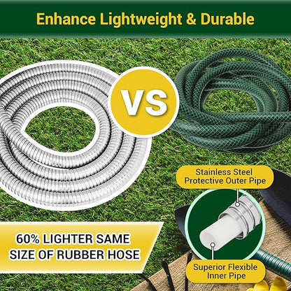 Garden Hose - Water Hose 75 FT with Swivel Handle & 8 Function Nozzle, Flexible, Heavy Duty, No Kink, Lightweight Metal Hose for Outdoor, Yard, 304 Stainless Steel