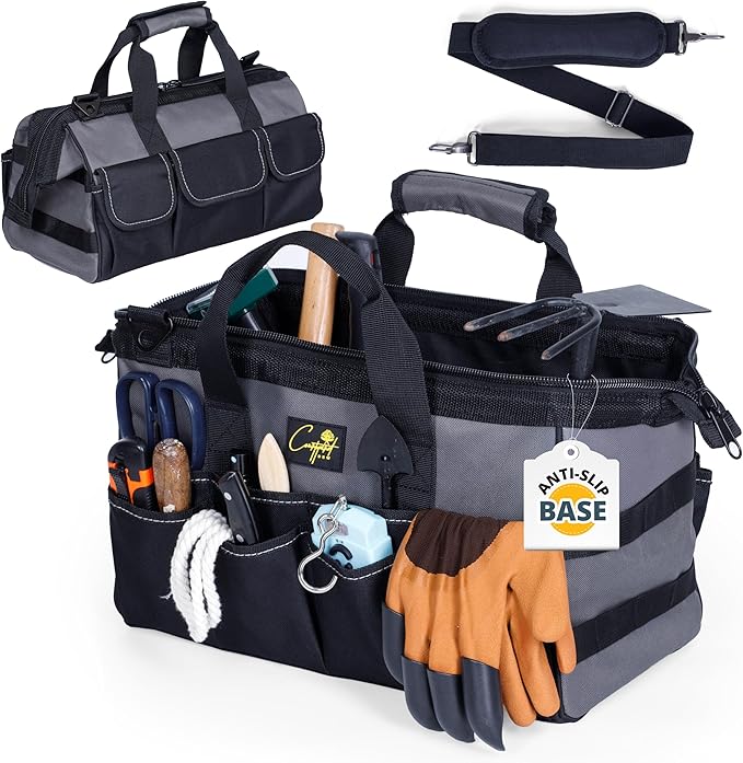 Garden Tool Bag Organizer – 13 Pocket Heavy-Duty Gardening Tote with 7 Outer & 6 Inner Compartments, Anti-Slip Base, Adjustable Shoulder Strap & Belt – Garden Organizers and Storage (Grey)