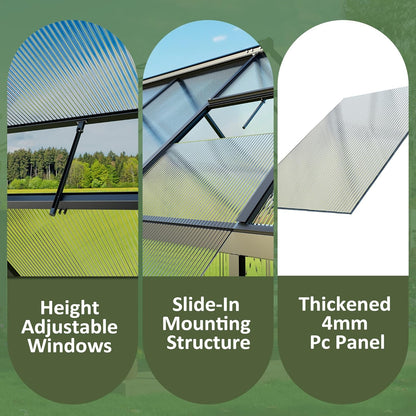 WKM Greenhouse for Outdoors 4x6 FT, Polycarbonate Green House with Roof Vent and Quick Setup Structure, Aluminum Greenhouse for Garden Backyard, Black