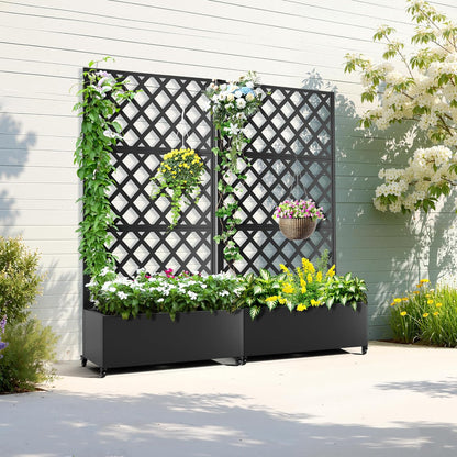 Metal Planter Box with Trellis & Wheels, Raised Garden Bed with Privacy Screen, Outdoor Standing Flower Beds with Drainage Hole for Climbing Plants, Vine, 35.4" L x 15.7" W x 70.9" H, Black