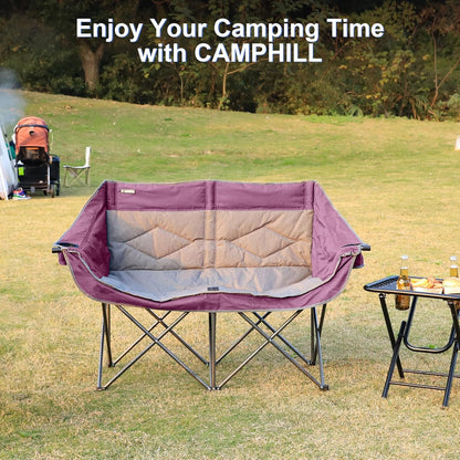 Oversized Double Camping Chair-Heavy Duty 2 Person Folding Loveseat Camp Couch for Adults,Portable Outdoor Lawn Chairs with Padded Seat for Fishing,Sports and Patio,Supports 500 LBS,Purple