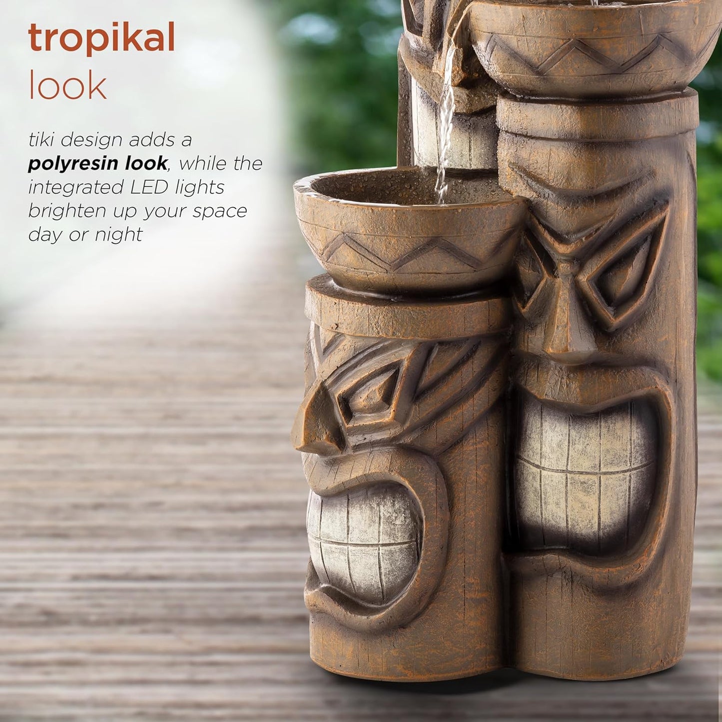 Alpine Corporation GIL838 Outdoor Floor 3-Tiered Soothing Polynesian Tiki Head Bowl Waterfall Fountain, 29", Brown