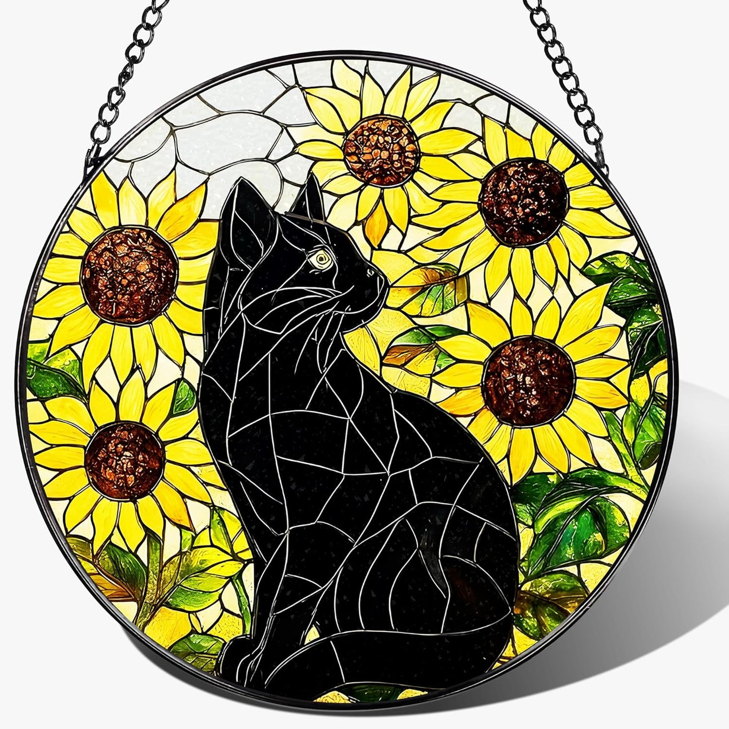 Stained Glass Window Hanging, Pauyadu 8 Inch Sunflower Black Cat Stained Glass Suncatcher, Cats Lover Gifts, Black Cat Memorial Ornament, Window Hanging Decor, Pet Gift, Gifts for Women, Mom