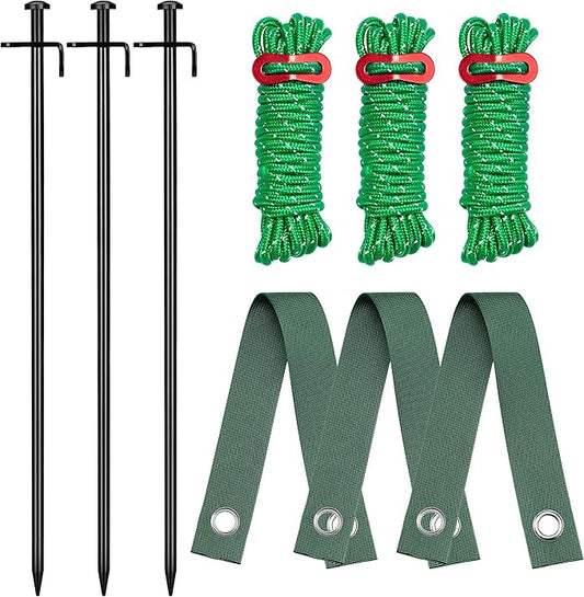 Kingsyard Tree Stakes and Supports, 16 Inch 3 Pcs Steel Heavy Duty Tree Stake Kit for Leaning Young Trees Straightening Kit Against Bad Weather, with 6Pcs Straps & 6Pcs 13ft Anchor Ropes