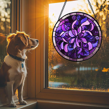 Stained Glass Window Hanging - Purple Abstract Flower Suncatcher for Door Garden Patio Sun Catchers Decor Christmas Mother's Day Birthday Gifts for Women Men Mom Nana Aunt Friend 9.8 in