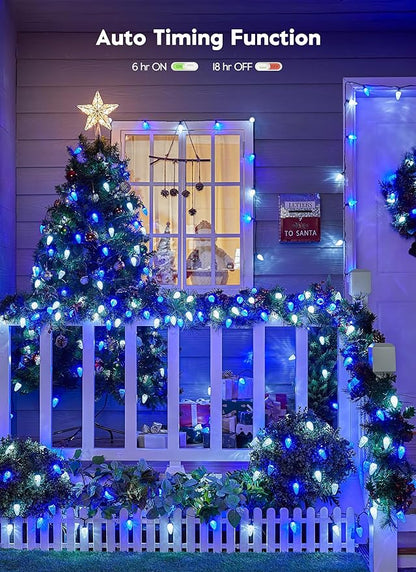 Brightown C9 Christmas Lights Outdoor, 114FT 150 LED Blue and Pure White String Lights with Timer, 8 Modes, UL Listed Waterproof Connectable Christmas Tree Lights for House, Roof, Garden, Patio Decor