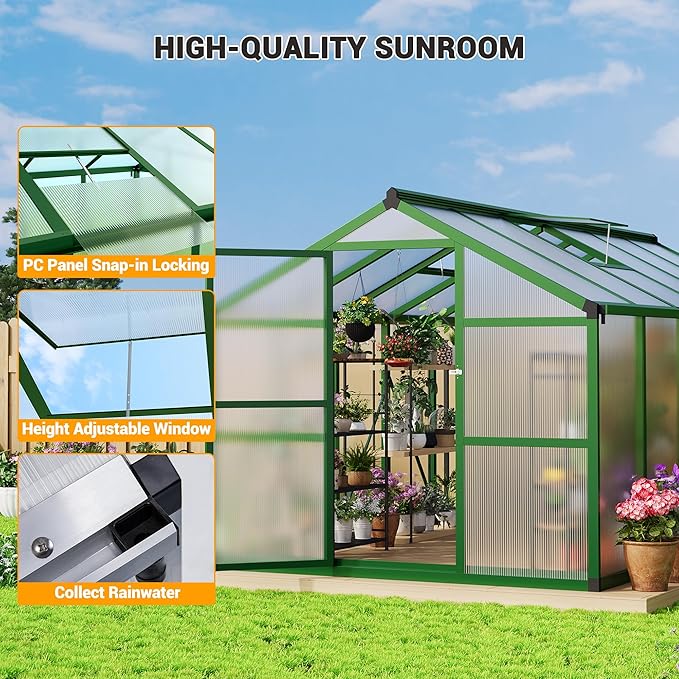 8x12 FT Polycarbonate Greenhouse with Roof Vent - Large Aluminum Walk-in Greenhouse Kit for Gardening, Backyard, Patio, Lawn - Easy Assembly