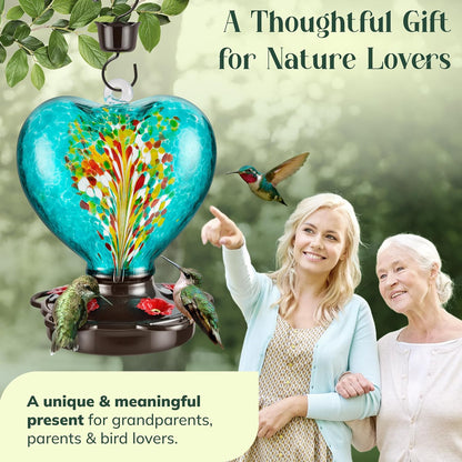 Hand Blown Glass Hummingbird Feeder for Outdoors All Season Use - 28 Fl. Oz. Leak Proof Hummingbird Feeder with Rust Proof Base - Includes Ant Moat, Ant & Bee Proof (Teal)