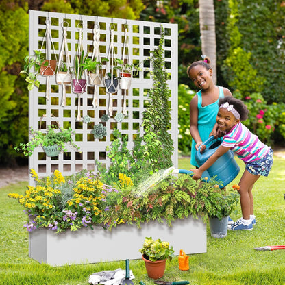 FENCY Metal Raised Garden Bed with Trellis, Metal Planter Box with Trellis, Garden Box for Climbing Plants Vegetable, 47''Lx16''Wx71''H Garden Bed with Drainage Holes(White)