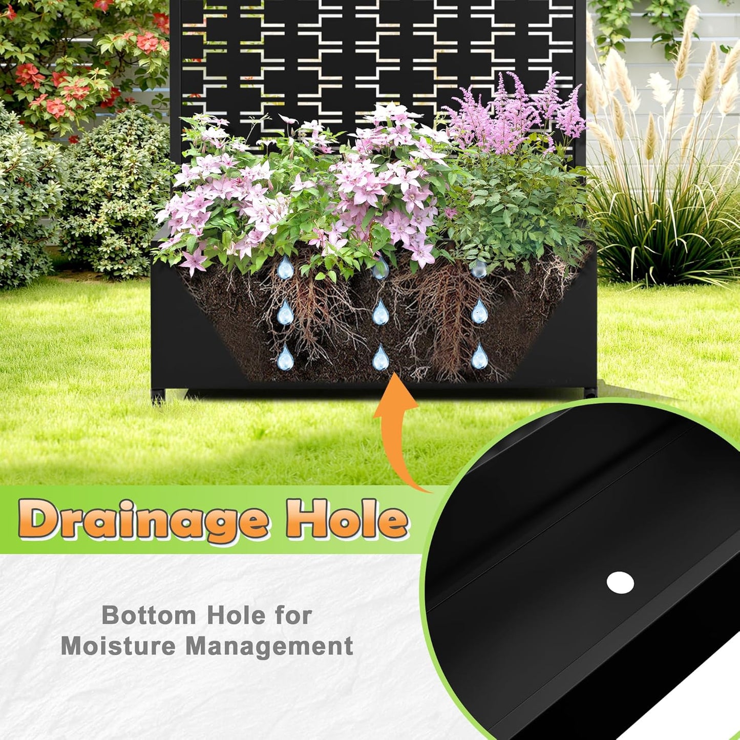 Metal Raised Garden Bed with Trellis, 2-in-1 Planter Box & Privacy Screen for Climbing Plants, Outdoor Standing Flower Bed with Drainage Holes, 35.4" L x 15.7" W x 70.1" H, Black-Brick