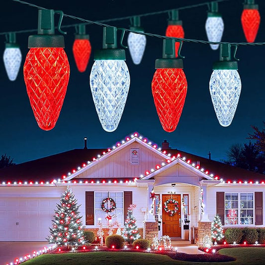 Brightown C9 Christmas Lights Outdoor, 114FT 150 LED Red and Pure White String Lights with Timer, 8 Modes, UL Listed Waterproof Connectable Christmas Tree Lights for House, Roof, Garden, Patio Decor