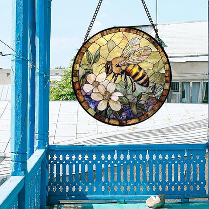 Stained Glass Window Hanging, Vintage Bee Yellow Flower Sun Catcher for Window Door Home Decor Suncatcher Christmas Mother's Day Birthday Gifts for Women Men Mom and Nana 9.8 in
