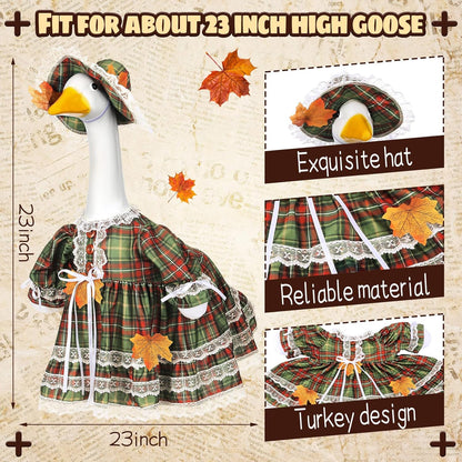 Suzile Fall Porch Goose Outfit Thanksgiving Geese Clothes for 23" High Cement or Plastic Goose Costume Plaid Dresses for Yard Lawn Outdoor Garden Patio Statue Autumn Xmas Holiday Decor