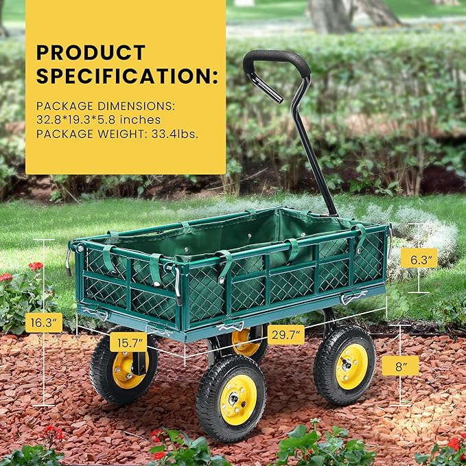 VIVOHOME Heavy Duty 400 Lbs Capacity Mesh Steel Garden Cart Folding Utility Wagon with Removable Sides Green