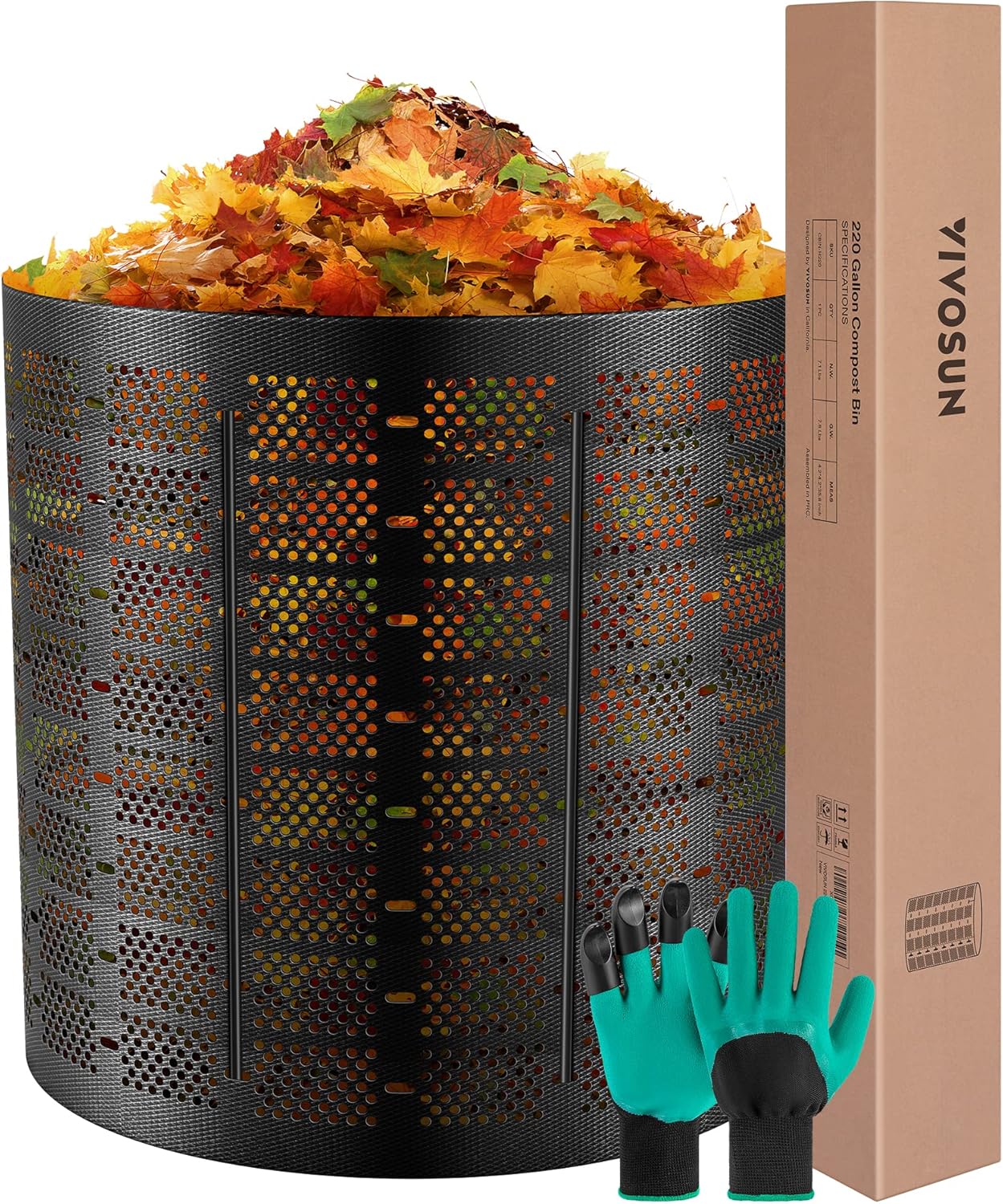 VIVOSUN 220 Gallon Outdoor Compost Bin, Expandable Composter, Easy to Setup & Large Capacity for Backyard, Lawn (Black with Gloves)