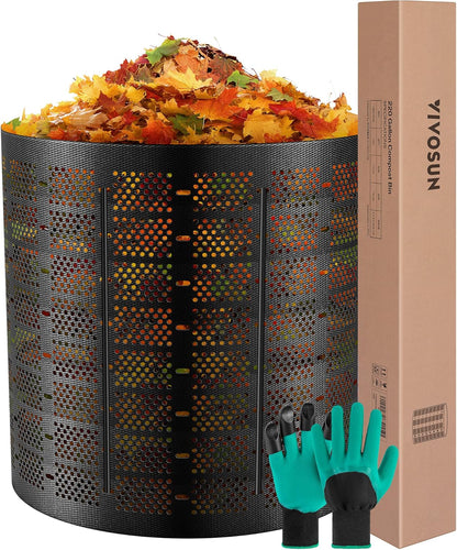 VIVOSUN 220 Gallon Outdoor Compost Bin, Expandable Composter, Easy to Setup & Large Capacity for Backyard, Lawn (Black with Gloves)